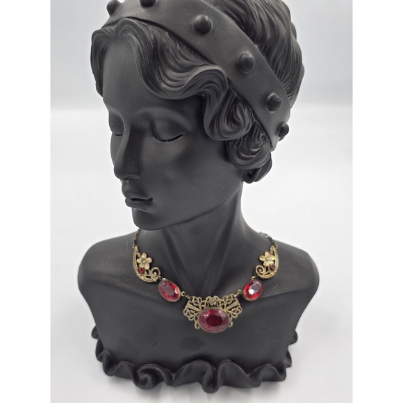 Antique Brass Filigree Necklace Red Glass Stones Art Deco Nouveau Style - Picture 15 of 16